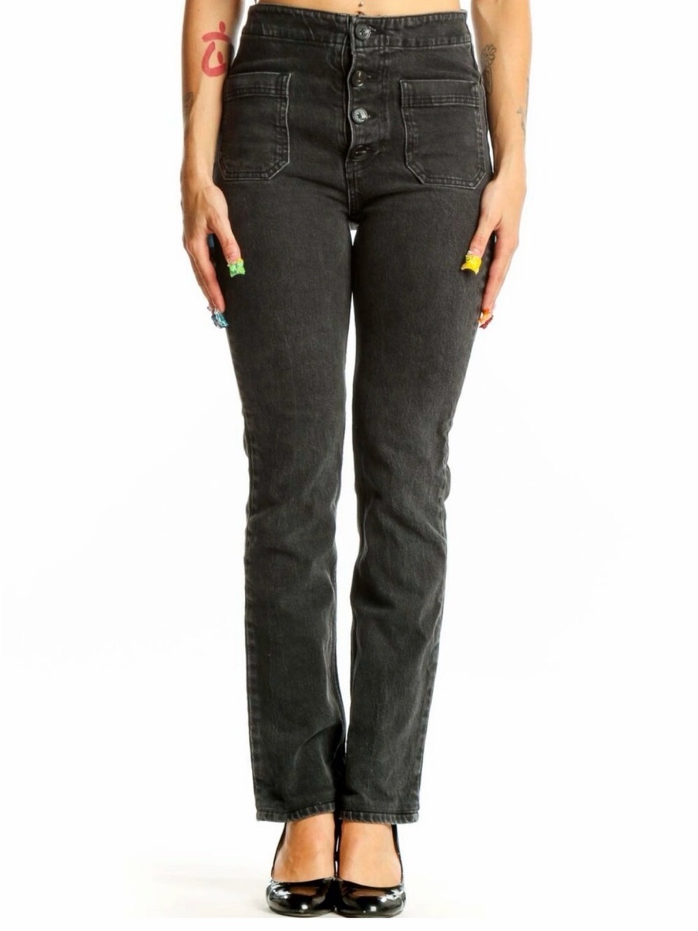 Reformation High Rise Patch Pocket Jeans Charcoal Faded Black Button Fly 26